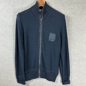 Burberry London Full Zip Cotton Sweater Mens Large Navy Monogram Logo